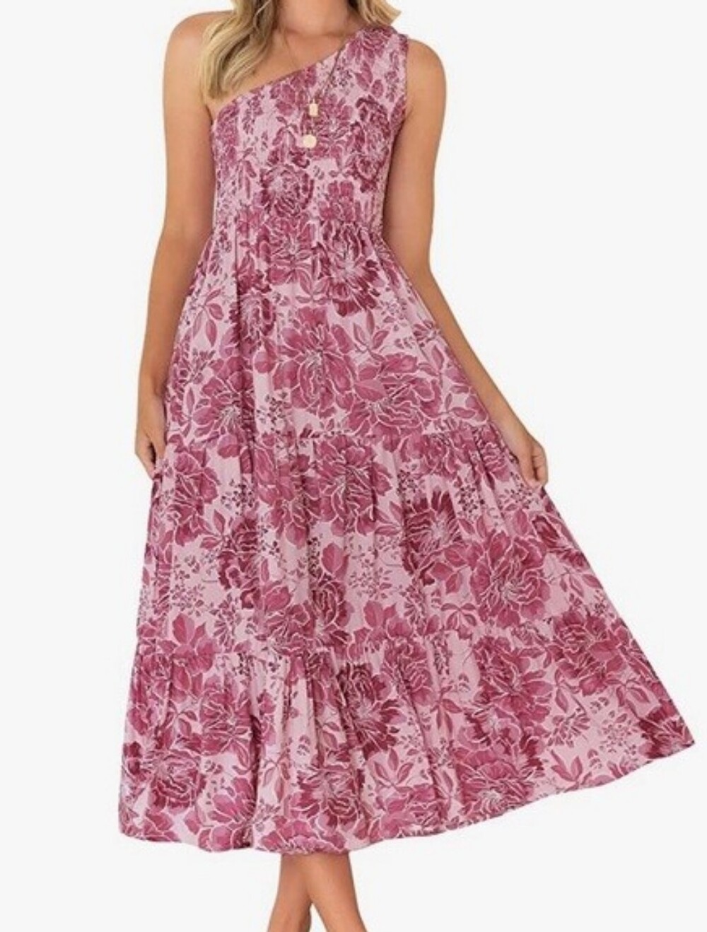 One-Shoulder Pink Floral Midi Dress